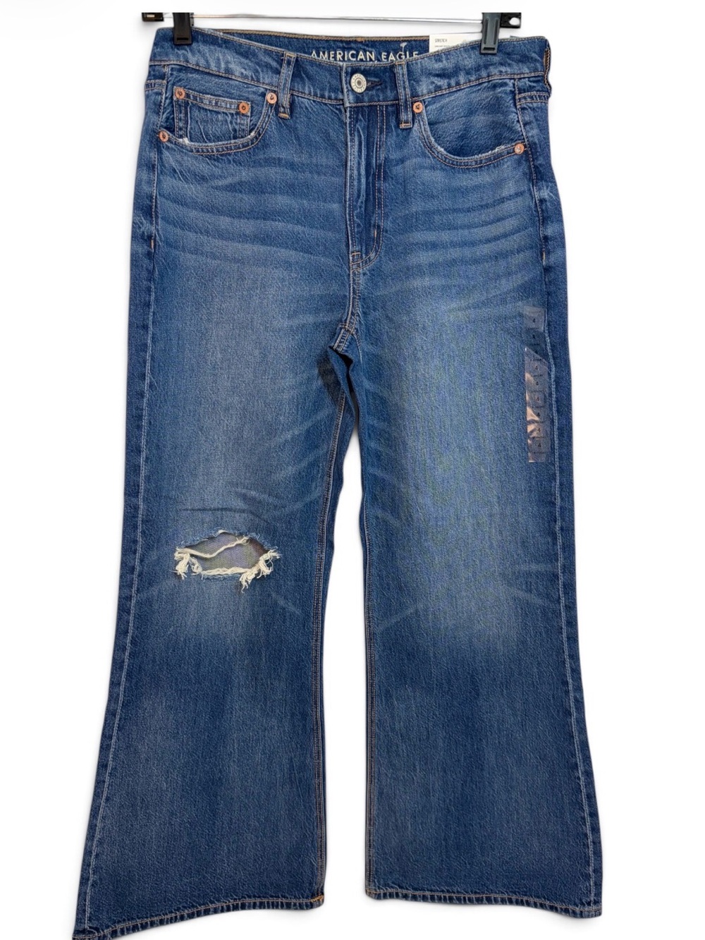 American Eagle Women's Blue Distressed Low Rise Baggy Flare Size 4 -27W  X-Short